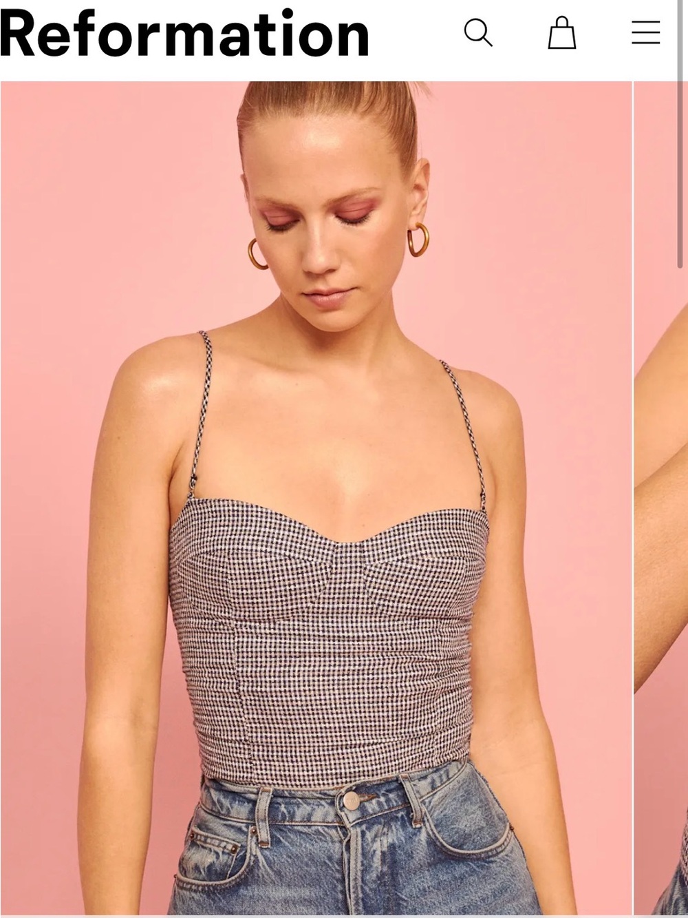 NWOT. Reformation Bene top in Marsh, Black & White Gingham Bustier Crop Top